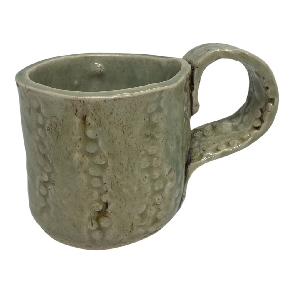 Handmade Studio Art Pottery Gray Green Glaze Coffee Mug Signed EUC